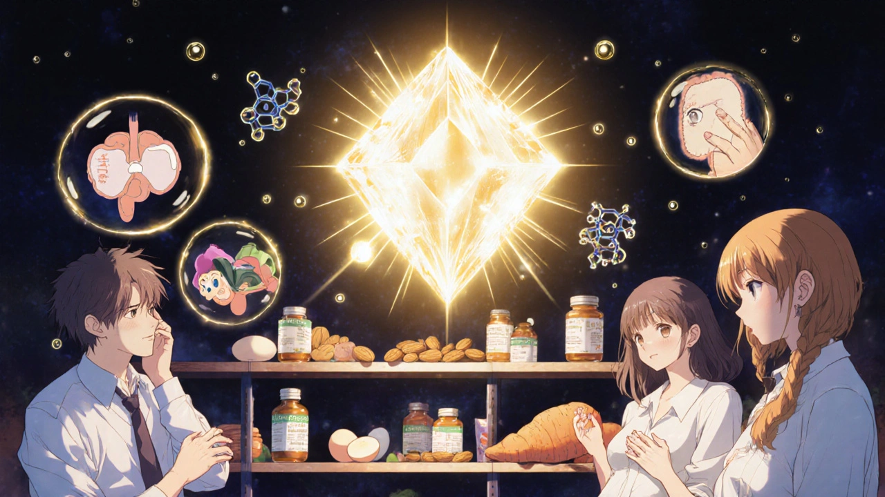 A glowing biotin molecule radiating health energy to diverse people, surrounded by nutrient-rich foods and medical symbols.