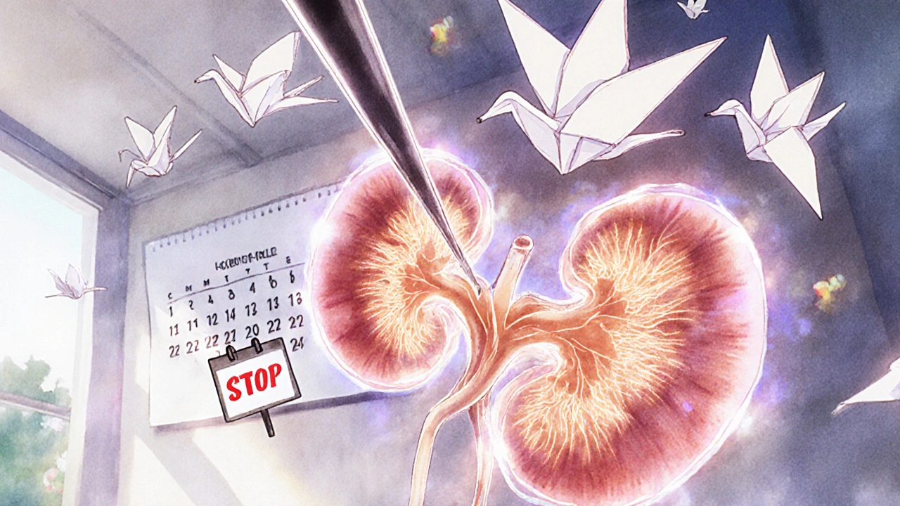 A kidney biopsy needle entering a glowing kidney, with white blood cells shaped like origami cranes transforming into a protest sign.