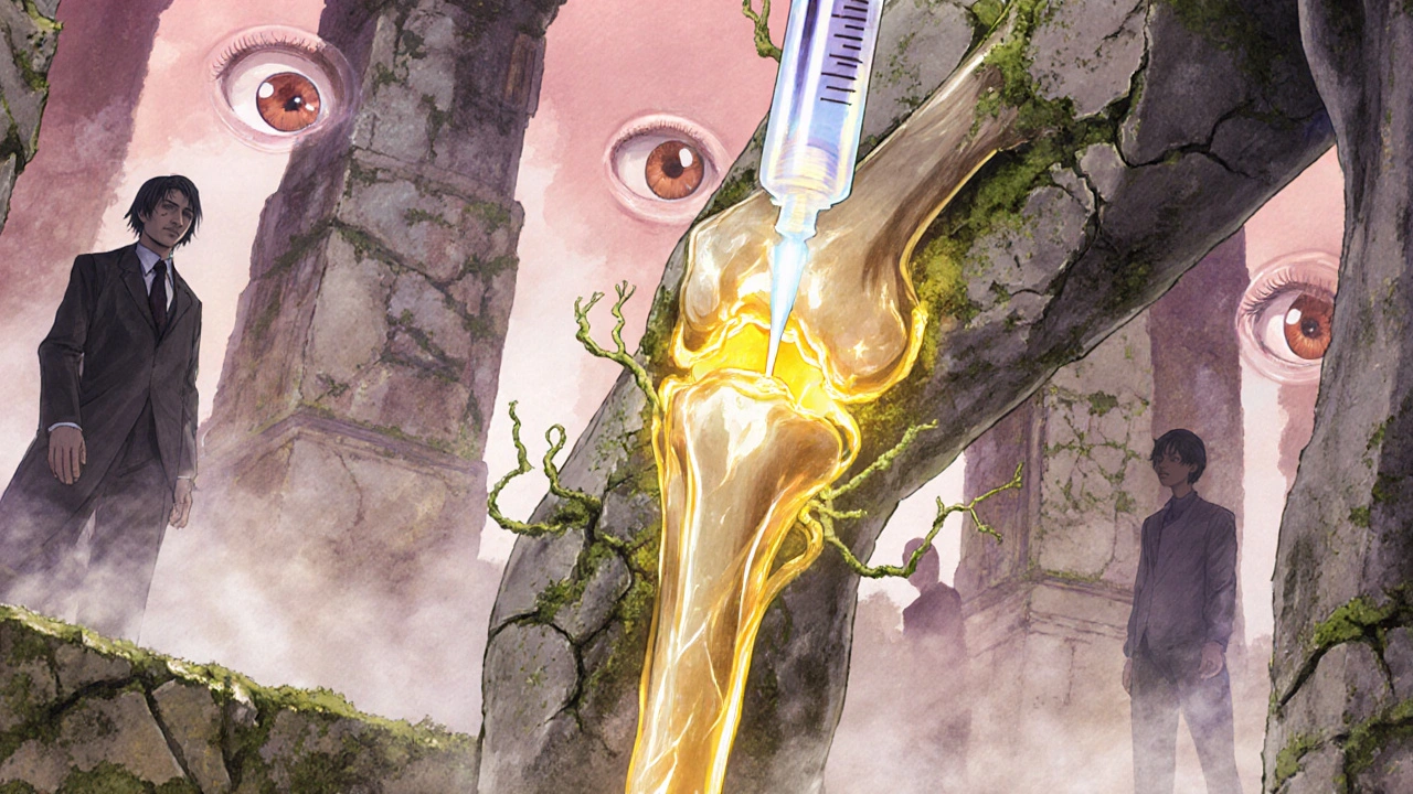 A mystical knee joint temple being repaired by glowing golden fluid, with light vines mending cracks.