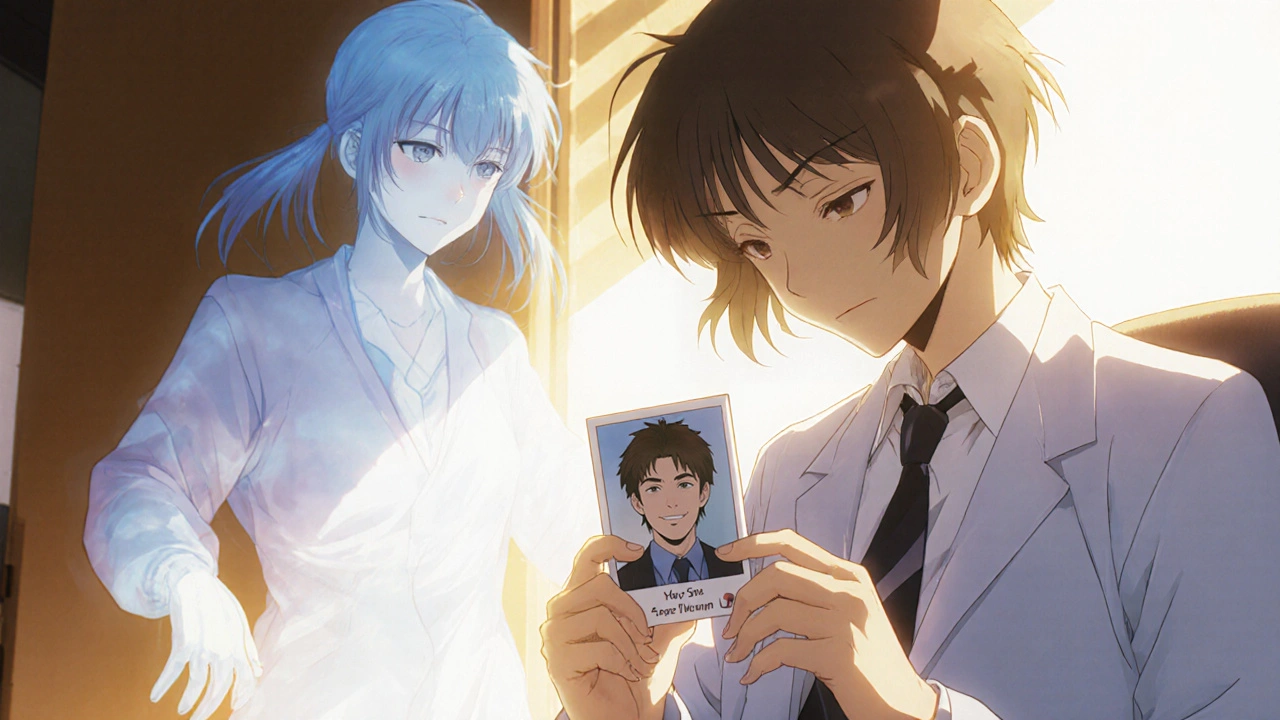 A patient holds a photo of their past self, while their former emotional self reaches out ghostlike in a therapist’s office.