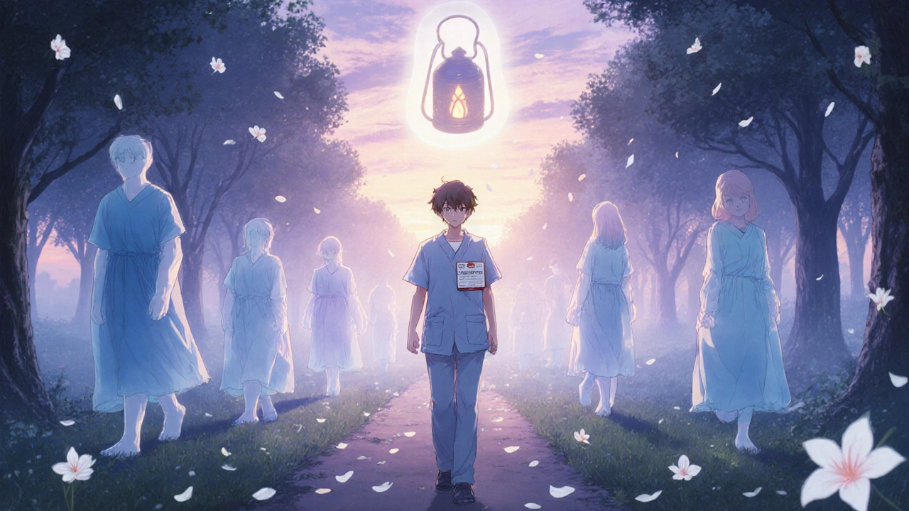 A patient walks through a misty forest as fading past selves disappear, guided by a glowing adrenal lantern.