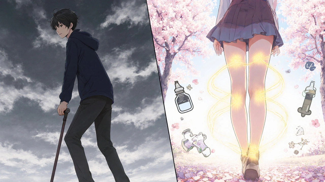 A person walking confidently in a park, their knees emitting golden light trails, symbolizing improved mobility.