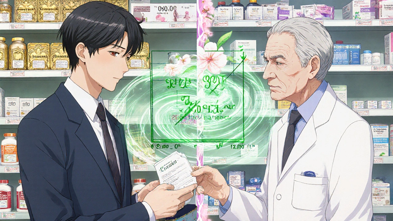 A pharmacist gives a prescription as brand and generic drugs are shown in balanced harmony.