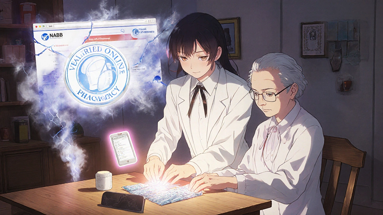 A pharmacist helping an elderly patient organize sealed daily pill pouches, with a verified pharmacy seal glowing softly.