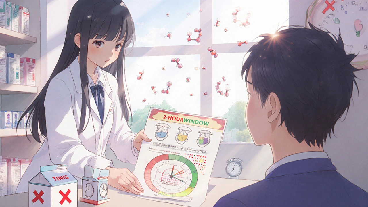 A pharmacist showing a colorful timing chart with hourglasses and dairy warning symbols in a clinic.