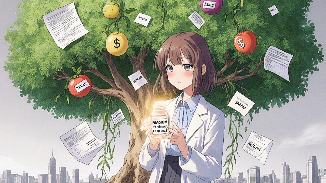 A scientist holding a legal challenge vial, surrounded by floating documents as profit vines drain generic brands.