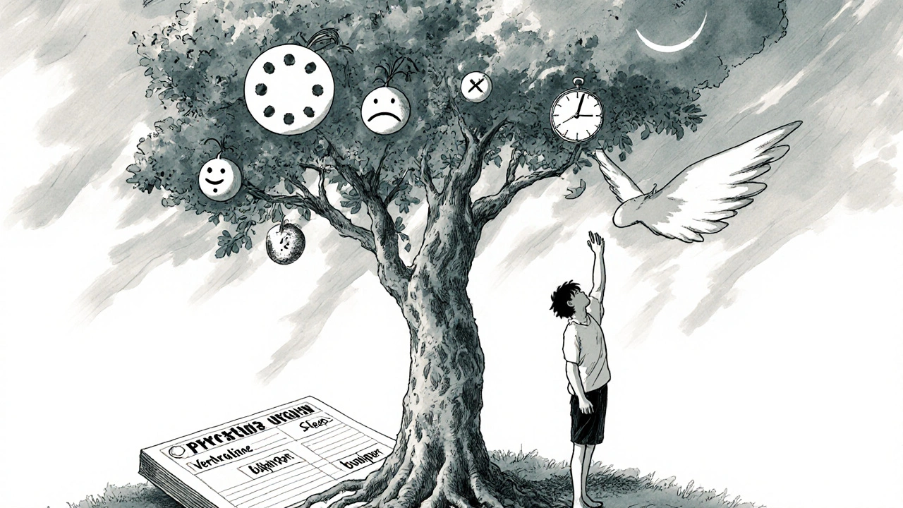 A tree growing from a prescription pad with fruit shaped like emotional healing symbols.