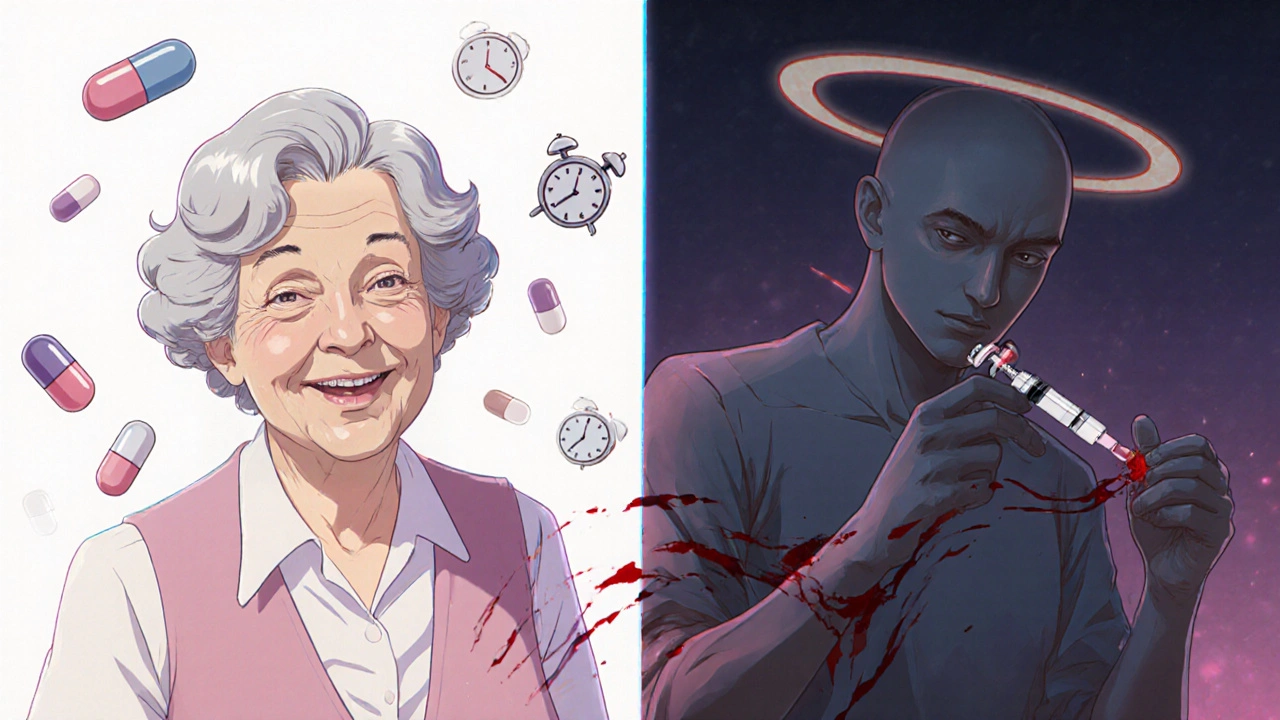 A woman skips her DOAC pill while shadowy injections bleed red, symbolizing unnecessary bridging risks.