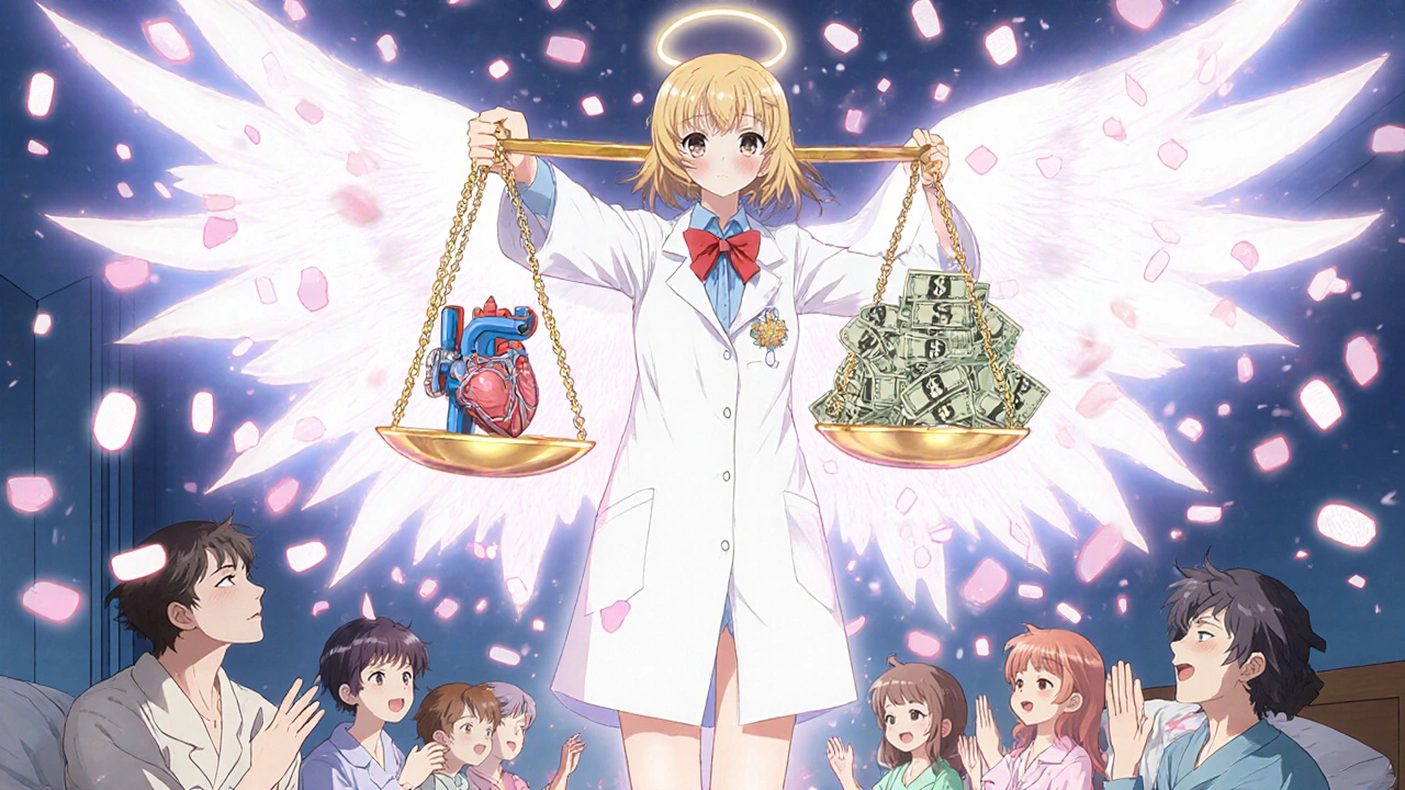 An angel balances a mechanical valve against syringes and bills, as DOAC pills fall like cherry blossoms.