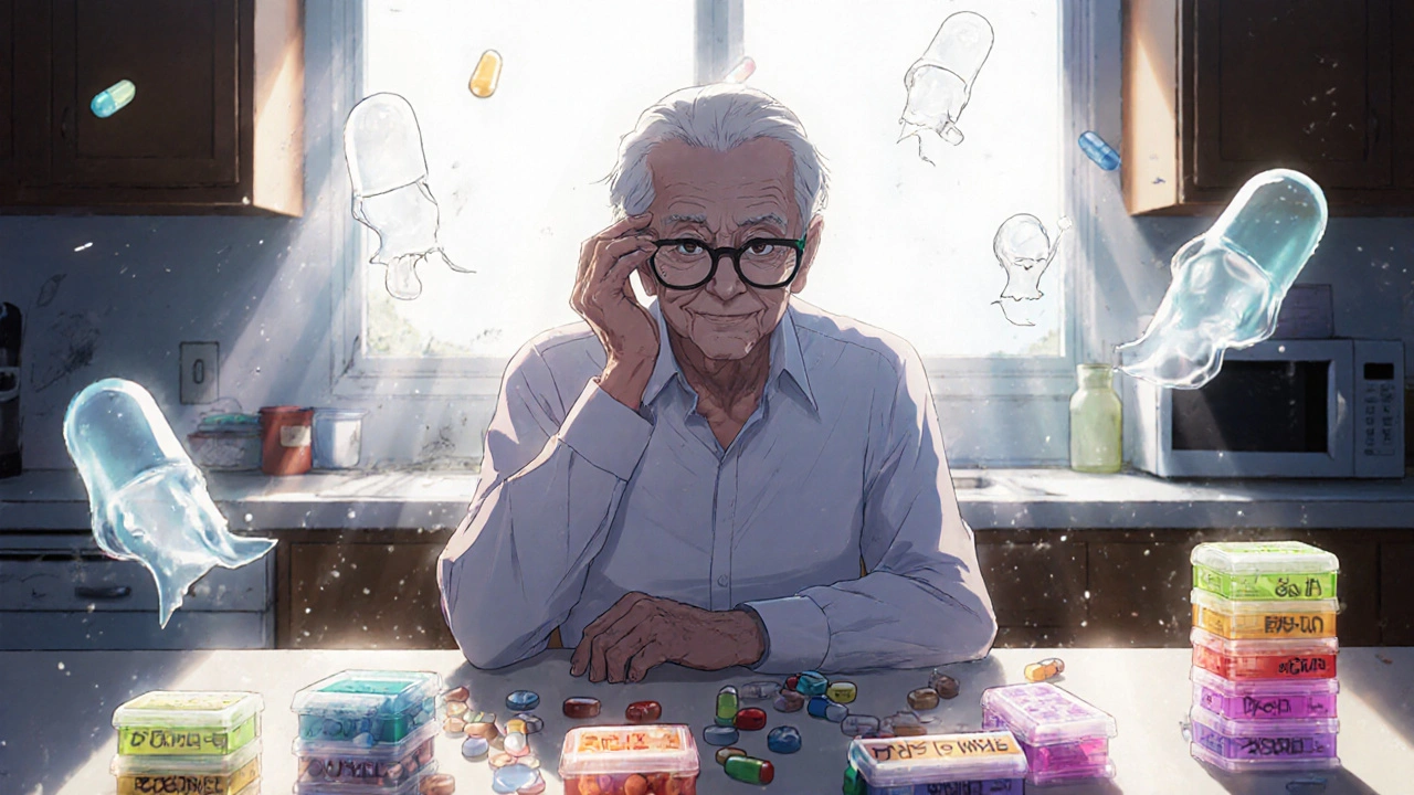 An elderly man confused by similar-looking pills at his kitchen table, with ghostly wrong-dose labels floating nearby.
