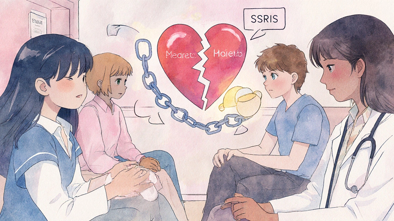 Diverse patients in therapy, each surrounded by symbolic representations of their antidepressant effects.