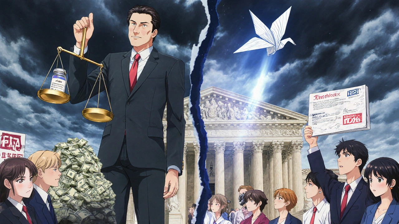 Divided Texas courthouse with corporate wealth vs. patients holding a new FDA rulebook.