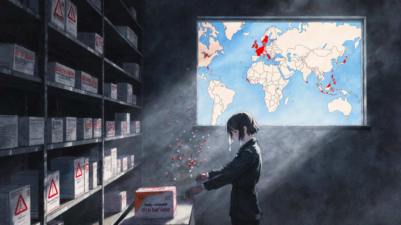 Empty warehouse shelf at dawn with a worker placing medicine, holographic red warnings over Europe.