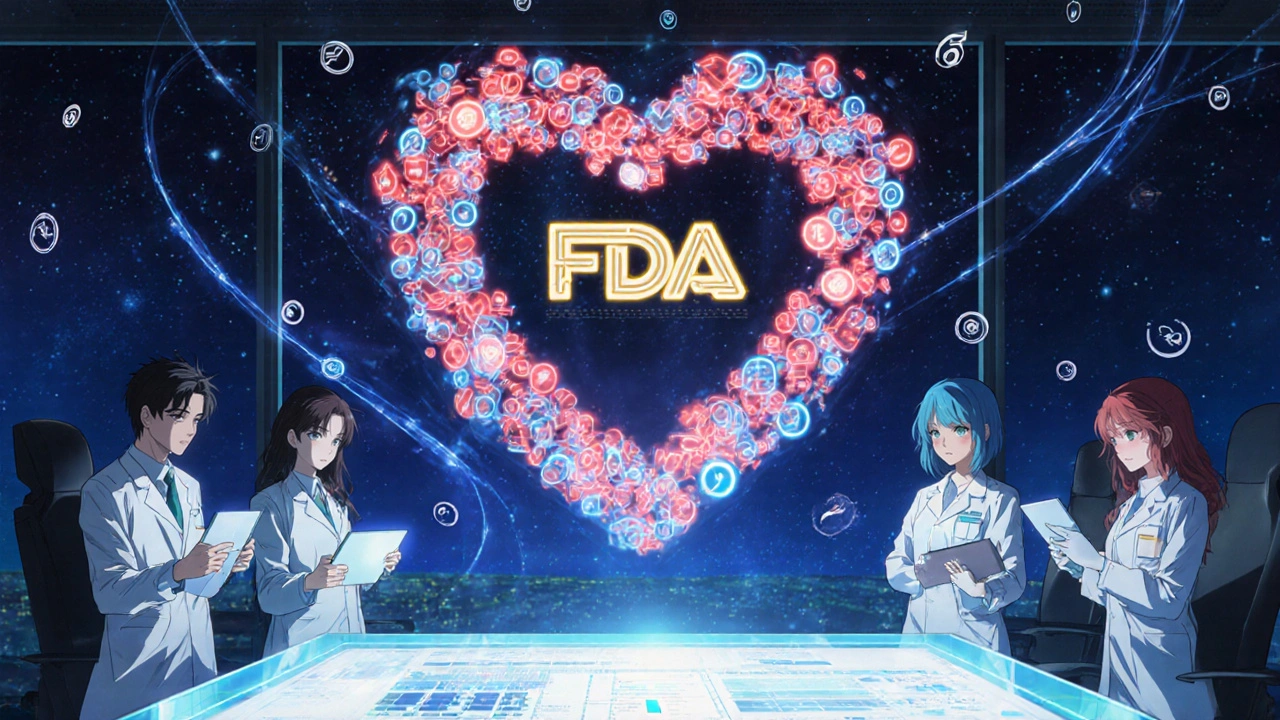 FDA badge surrounded by swirling data reports, scientists analyzing holographic graphs in a high-tech lab.