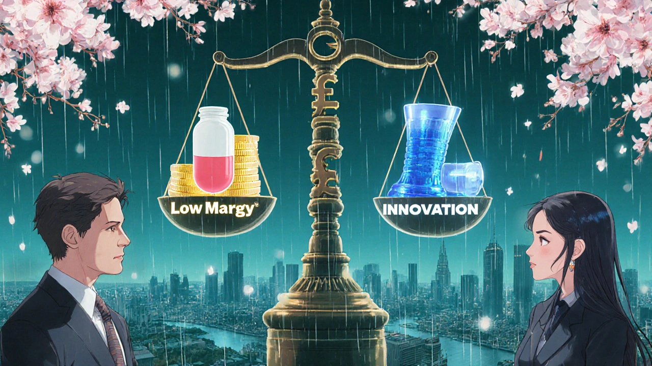 Floating negotiation between pharma execs and a currency-judge weighing simple pills against complex inhalers.