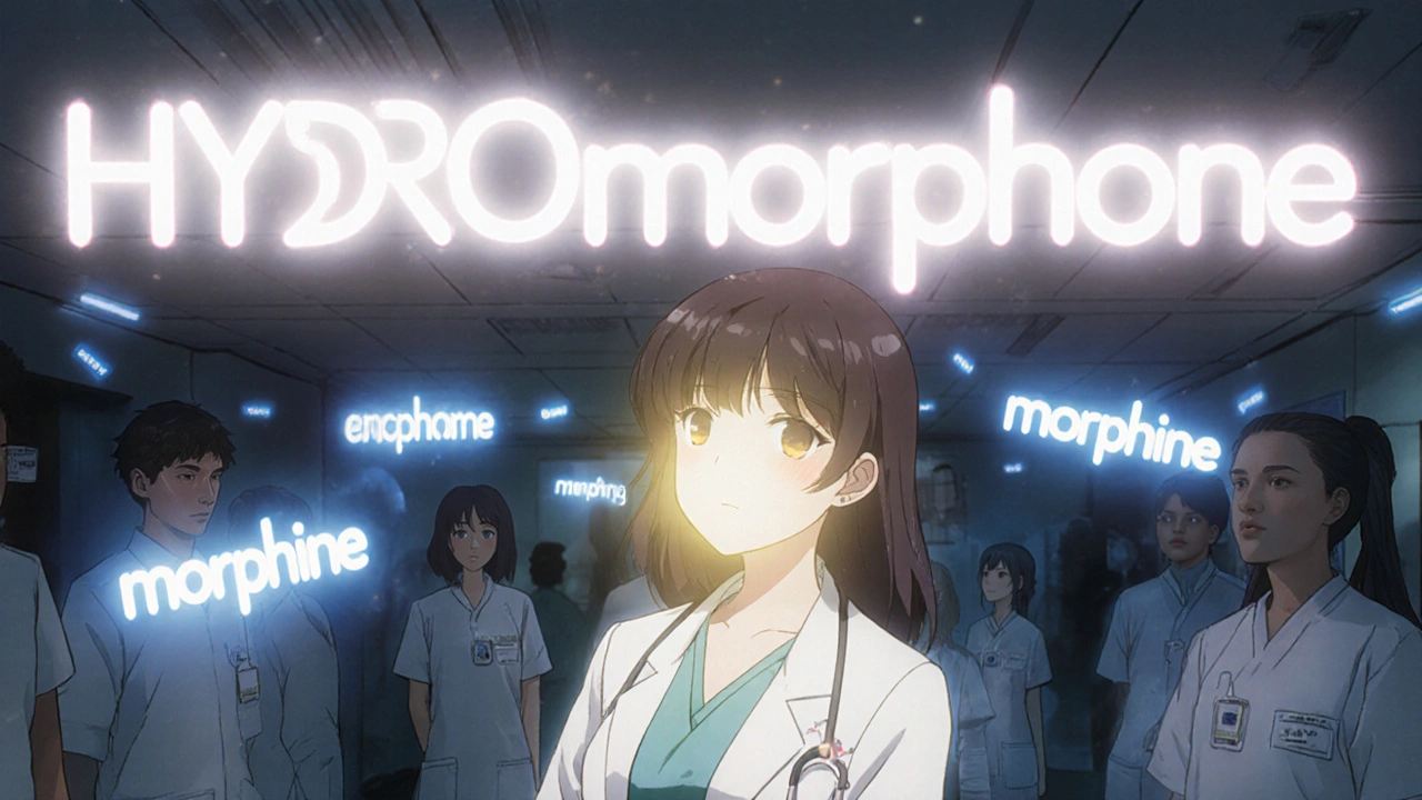 Medical team in ER surrounded by floating, glowing drug names using tall-man lettering for visual clarity.