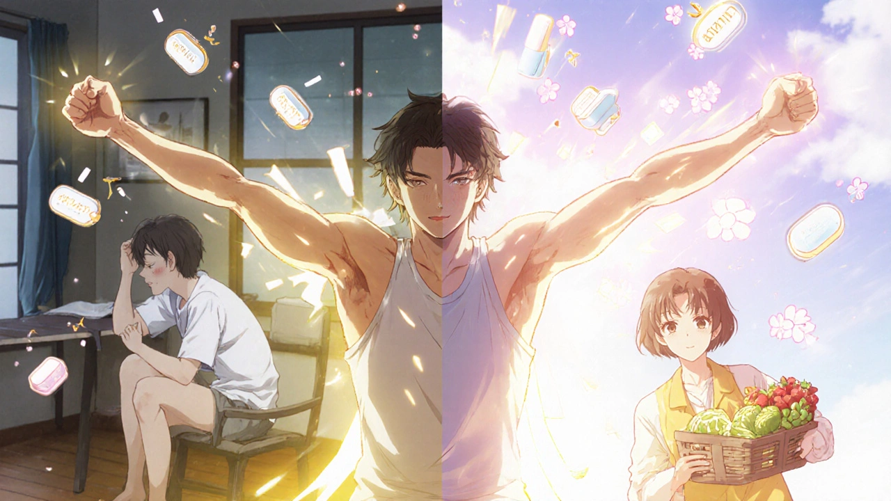 Person lifting arms confidently after therapy, past and present selves shown in split-panel anime illustration.