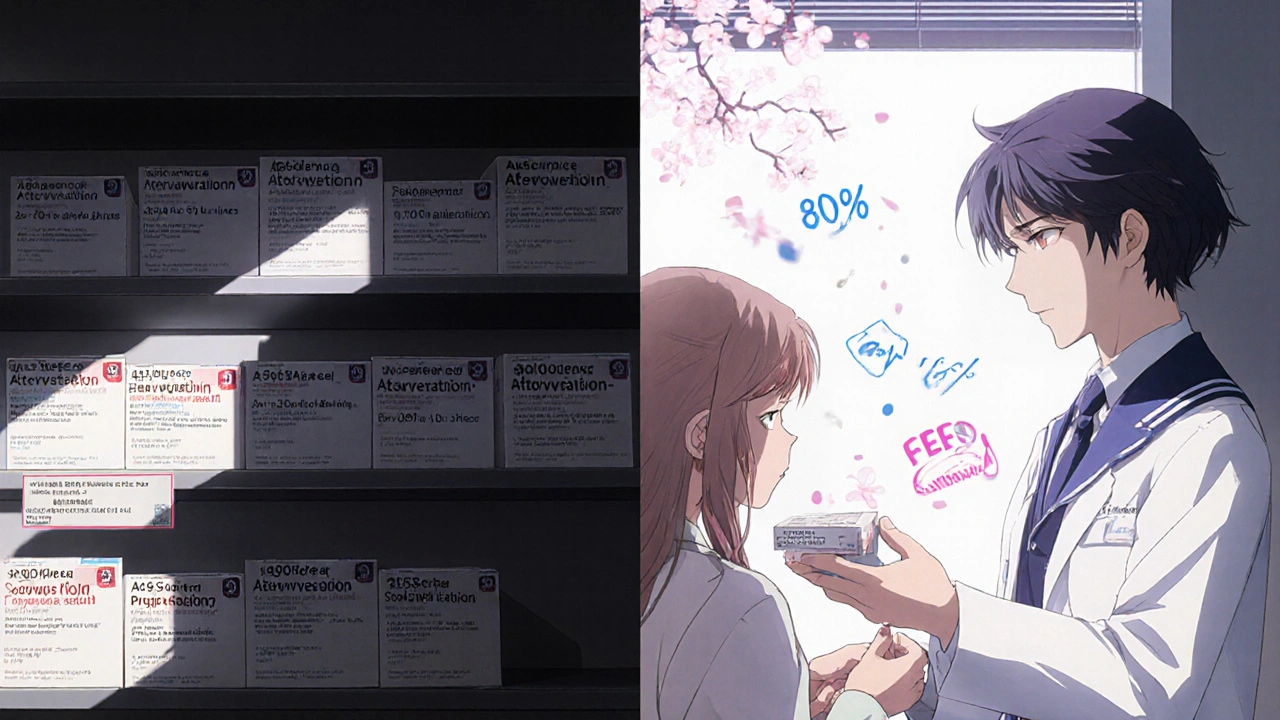 Pharmacist contrasting expired brand-name drugs with new generics, sunlight and floating data symbols emphasizing change.