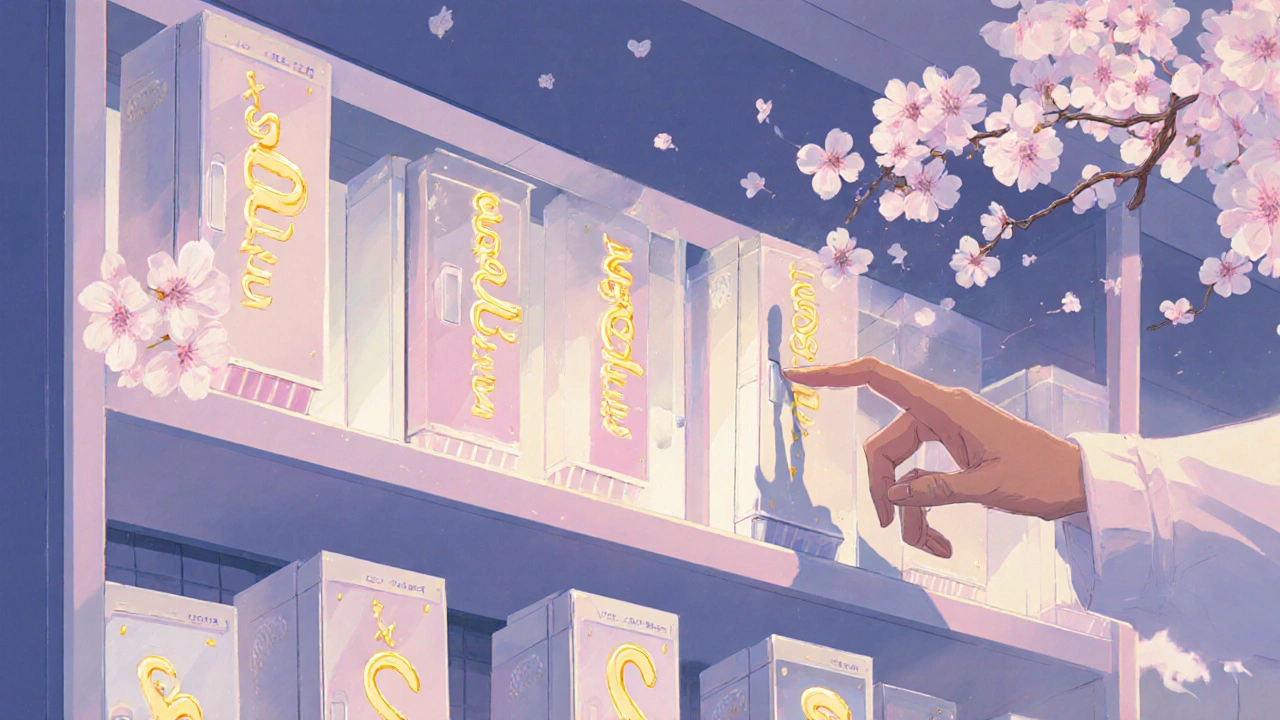 Pharmacist selecting medication from a cabinet with glowing tall-man lettering on drug labels.