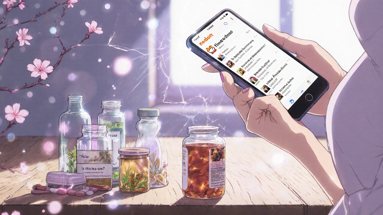 Pregnant woman placing prenatal vitamins beside herbal supplements, phone showing Reddit safety question.