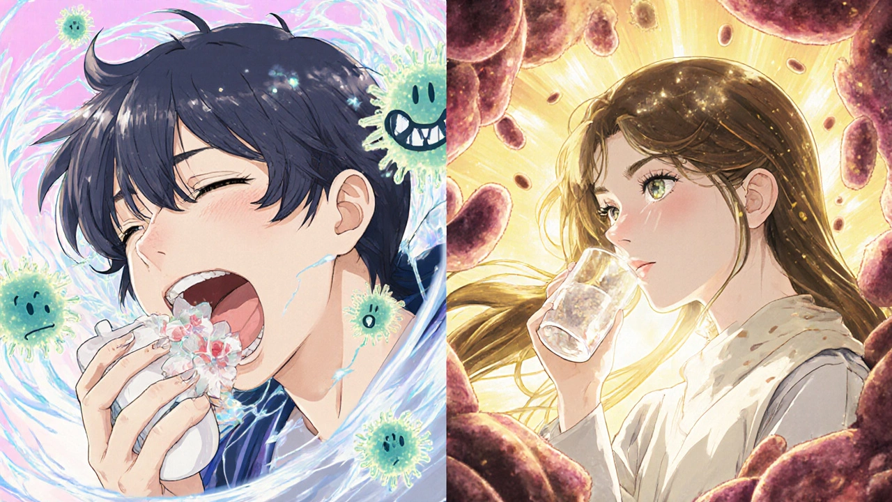 Split scene: left shows sickness from dairy with menacing bacteria, right shows healing with proper timing.