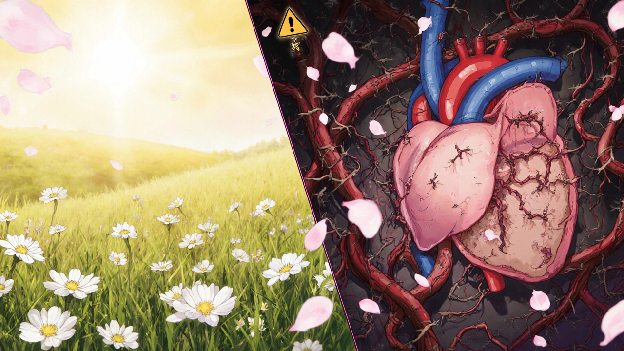 Split scene: peaceful buttercups in meadow vs. same flowers as poisonous vines attacking internal organs.