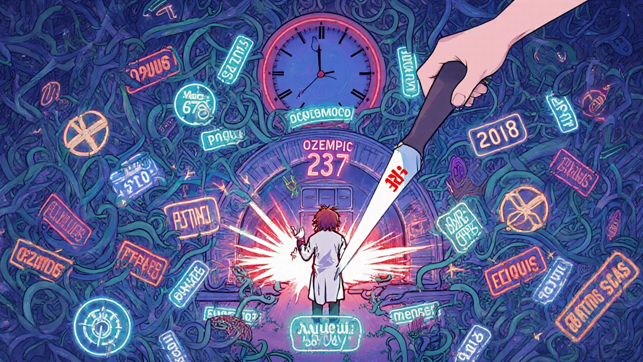 Tangled patent vines choking a generic drug factory, with a lone engineer cutting through them.