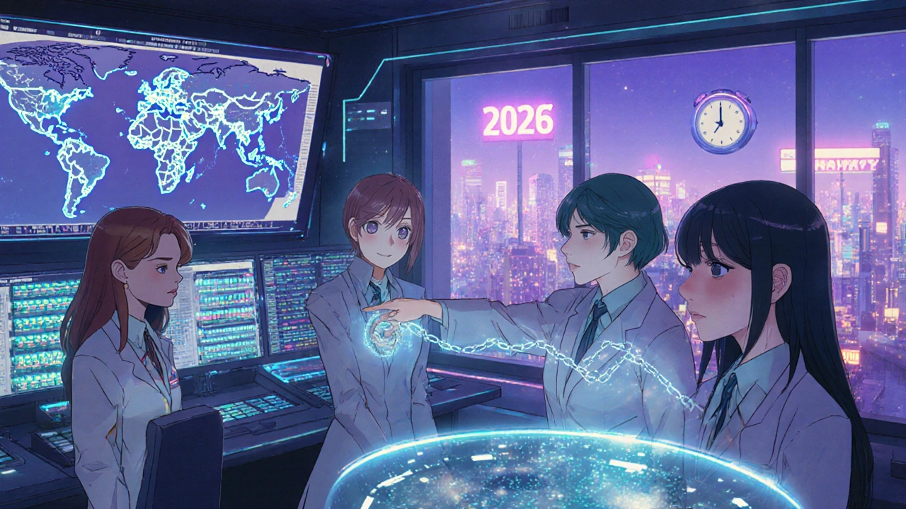 Team monitoring holographic pharmacy inventory maps with glowing AI and blockchain visuals in a futuristic control room.