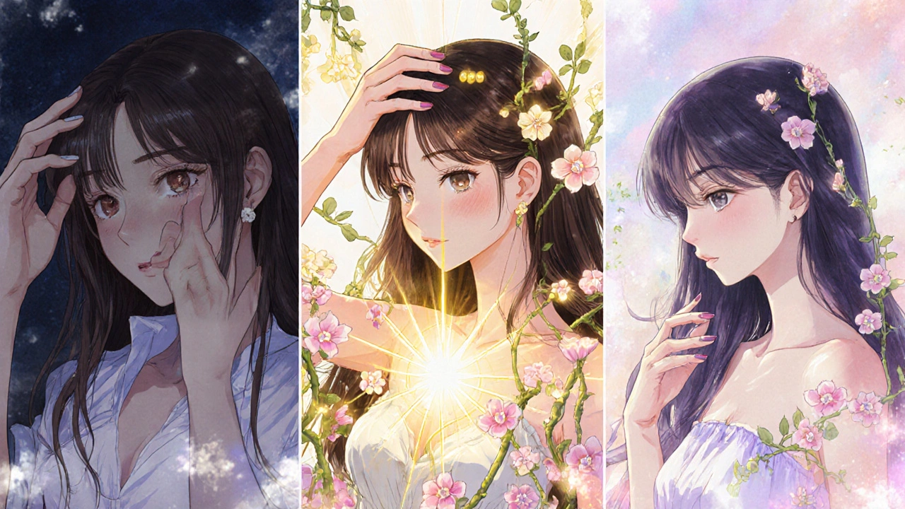 Three-panel transformation showing brittle hair and nails becoming thick and glossy with biotin support.