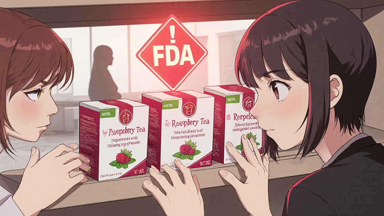 Three raspberry leaf tea boxes on a shelf, one revealing hidden danger symbols, doctor watching nearby.