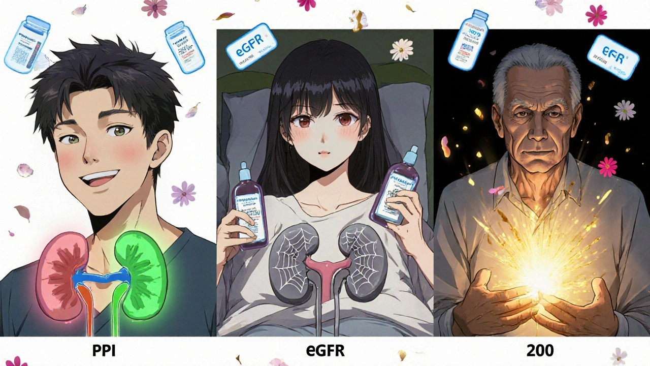 Three timelines showing kidney health changes from antibiotic use, PPI damage, and steroid recovery, with floating medical icons.