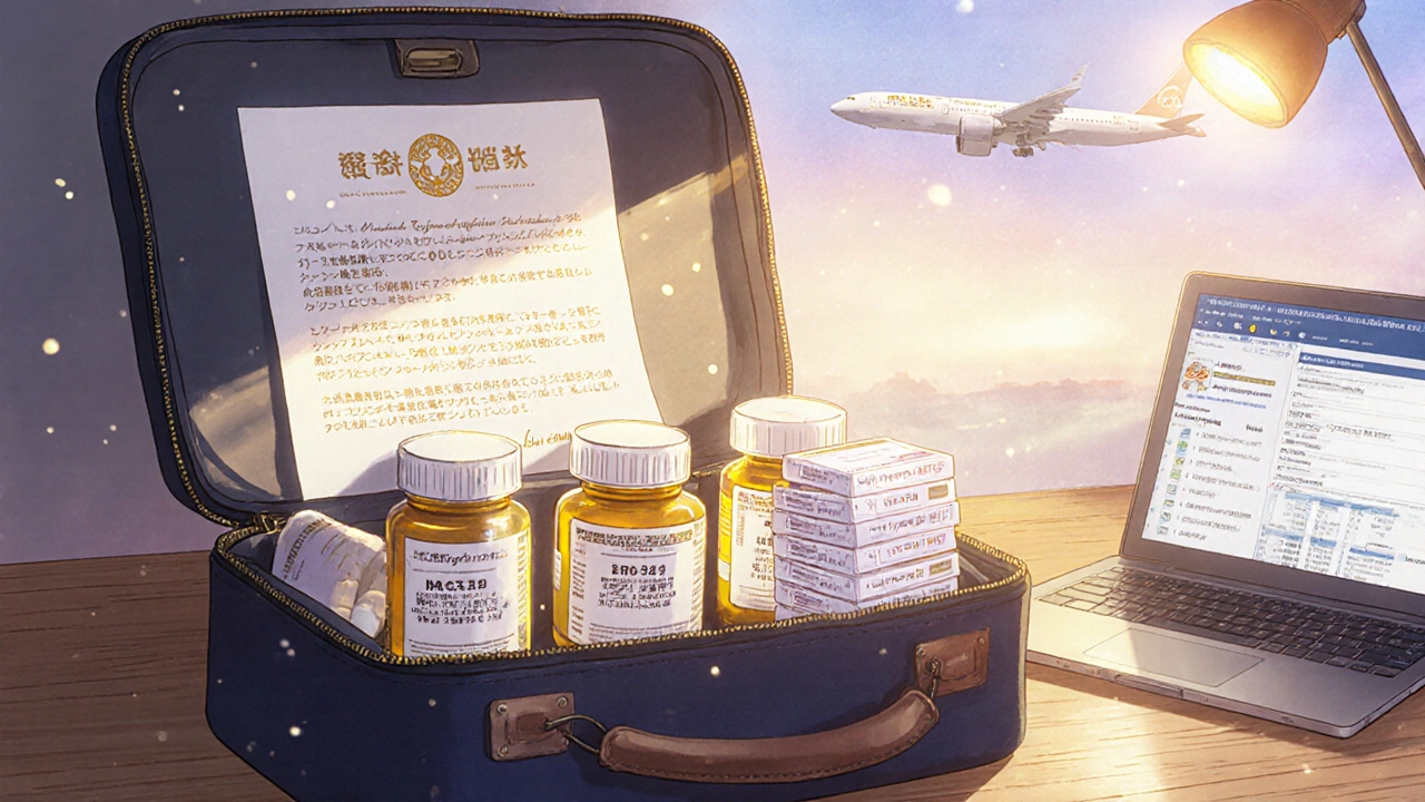Travel bag open with prescription bottles, doctor&#039;s letter, and INCB database on laptop.