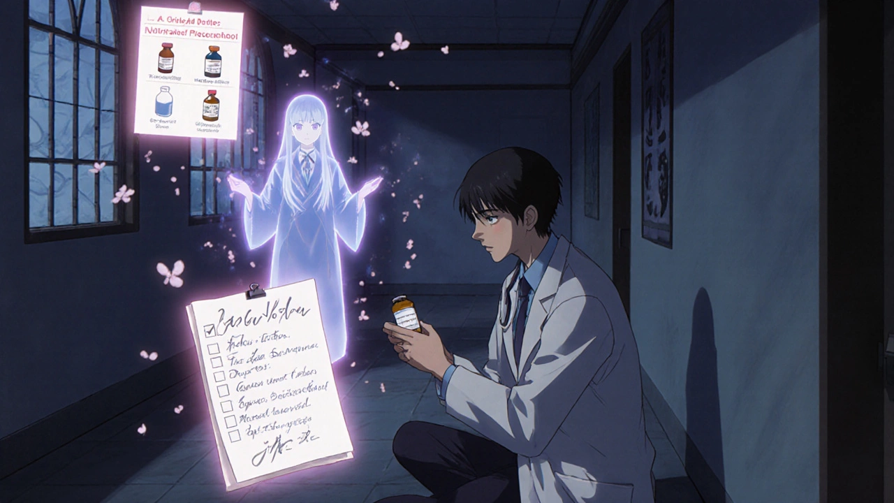 Traveler in foreign hospital receiving new prescription as old medication fades into light.