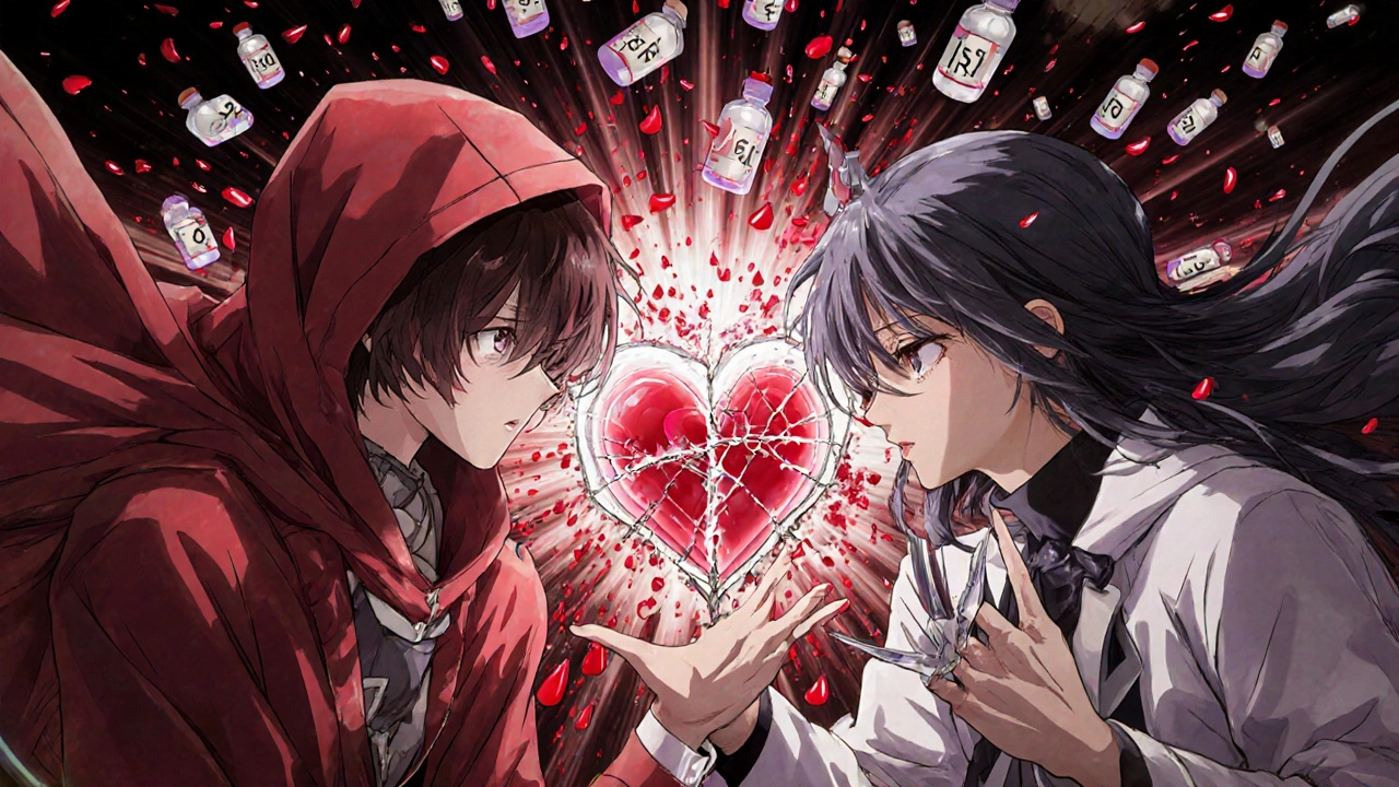 Two symbolic figures representing blood thinners clashing, causing a storm of red droplets near a fragile heart.