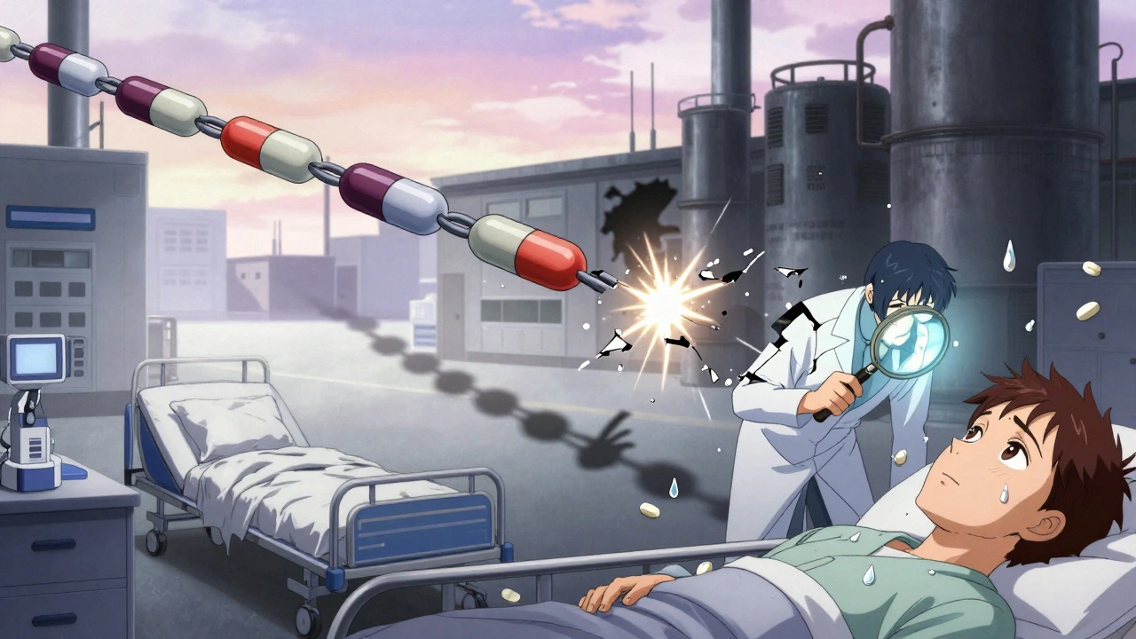 A broken global pill supply chain glows with warnings, as a WHO inspector tries to mend it while side effects ripple through the scene.