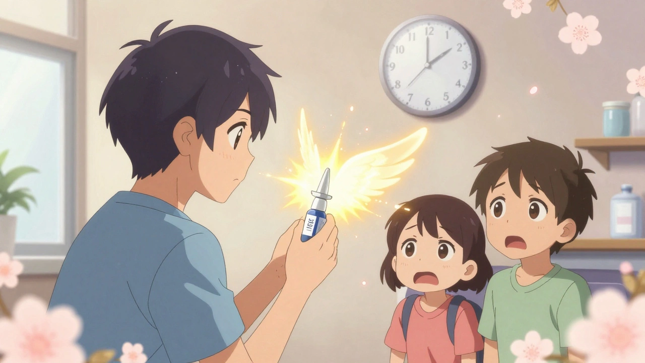 A child receiving Neffy nasal spray for an allergic reaction, surrounded by glowing epinephrine wings and a floating clock.