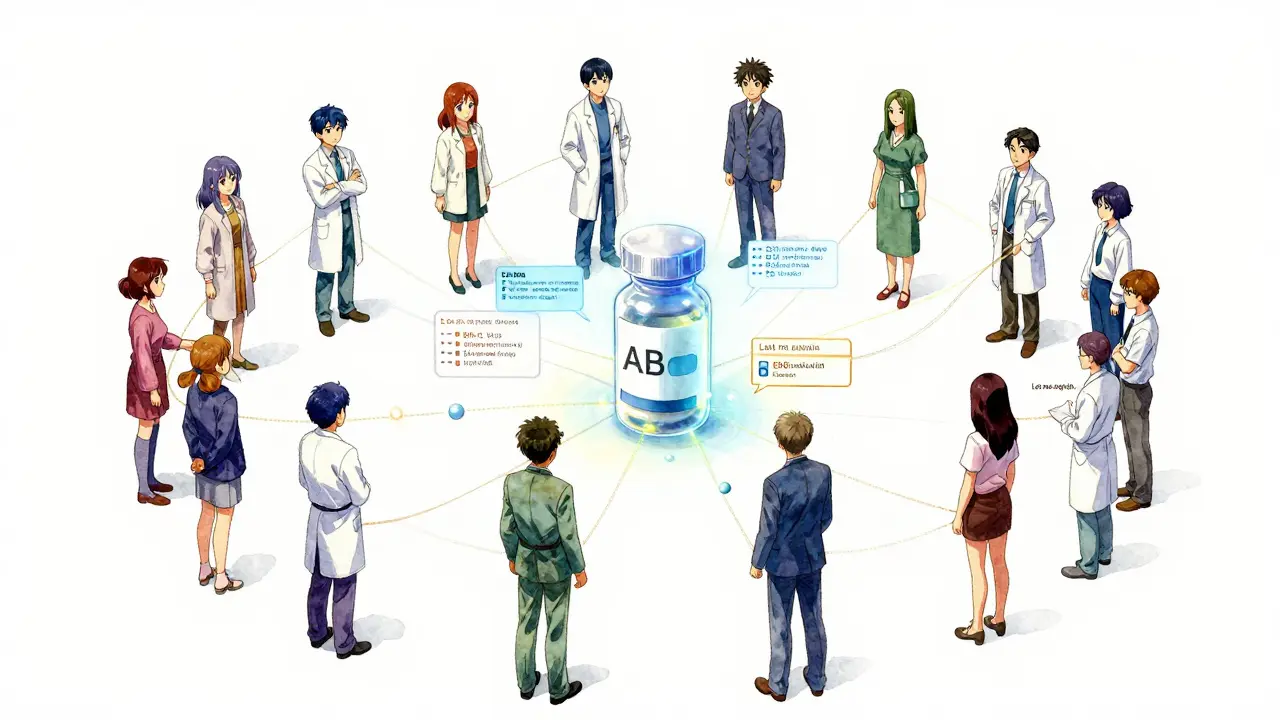 A circle of pill bottles with glowing connections, representing trust, cost, and clinical ratings in a dreamlike setting.