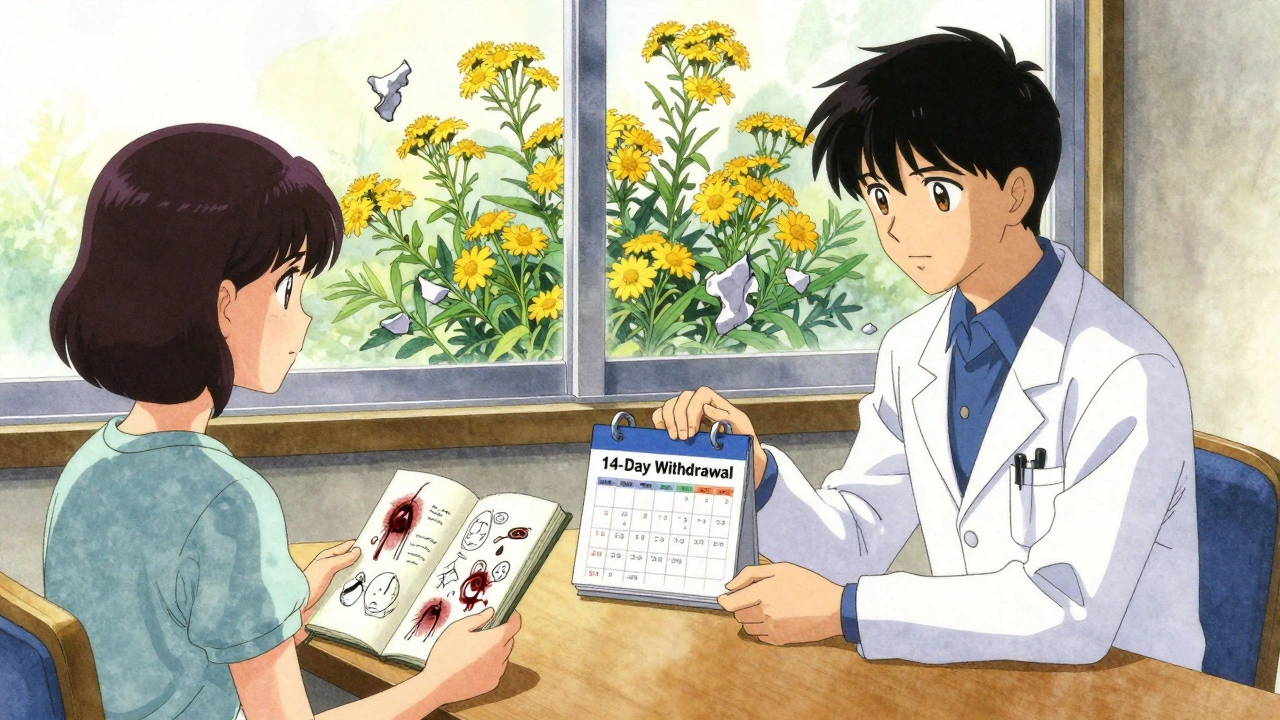 A doctor and patient discussing feverfew withdrawal, with fading feverfew flowers in the background.