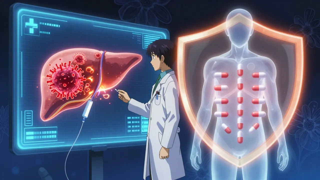 A doctor watches a liver erupt with viral clusters as antiviral pills form a protective shield in dramatic anime lighting.