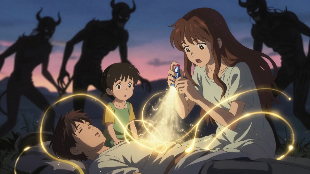 A family administering Zurnai nasal spray during an opioid overdose, with golden protective mist and retreating shadowy figures.