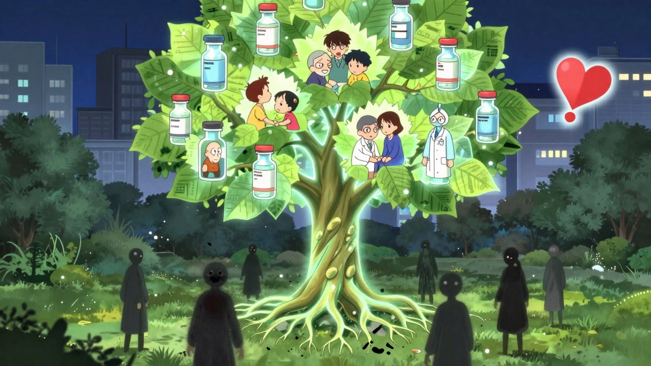 A glowing data-tree in a park cradling diverse people, with fear turning to dust.