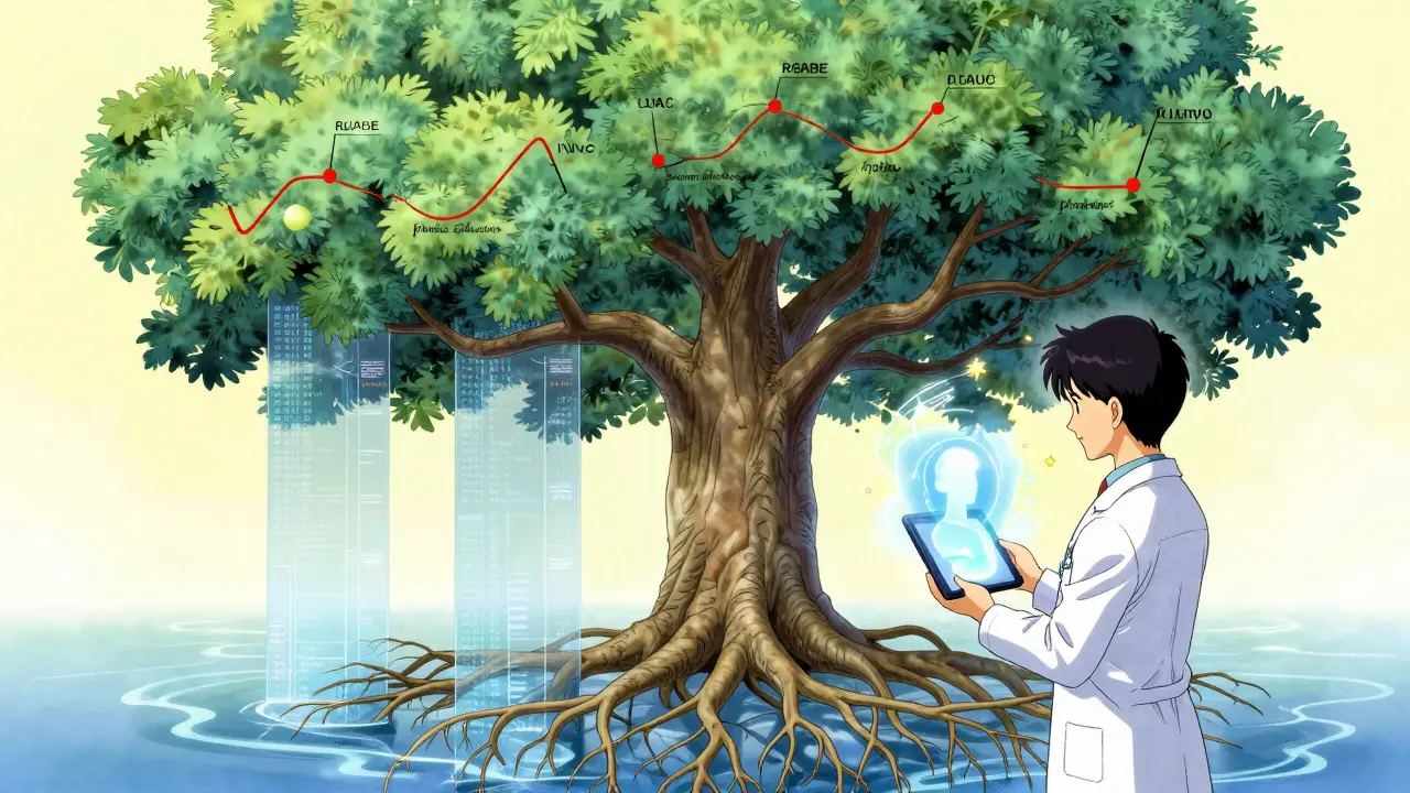 A living tree of pharmacokinetic data with a researcher beneath, holographic patient silhouette glowing above.
