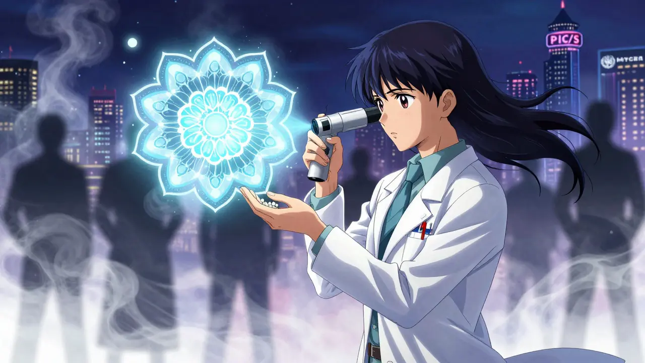 A medical inspector scans a pill, revealing a glowing molecular flower pattern while counterfeiters dissolve into smoke.