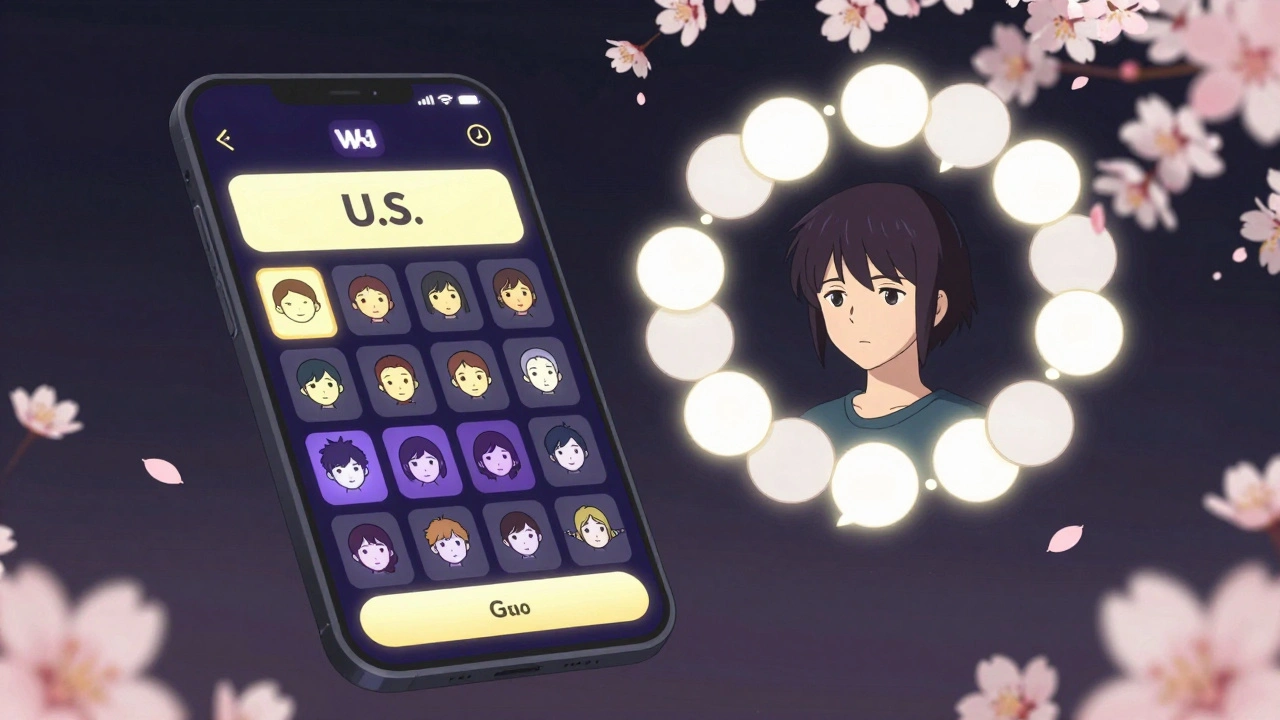 A mental health app shows individual emotion logs versus anonymous group thought bubbles in a serene, blossom-filled setting.