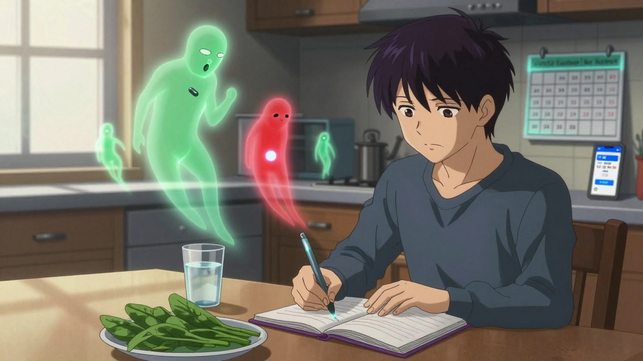 A patient at a kitchen table with floating drug molecules and a journal, surrounded by glowing test dates and a tracking app on their phone.