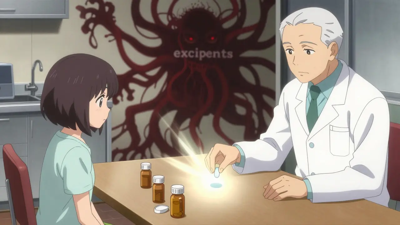 A patient at a table with pill bottles casting a shadow of chemical chains, a pharmacist offering a safer pill.