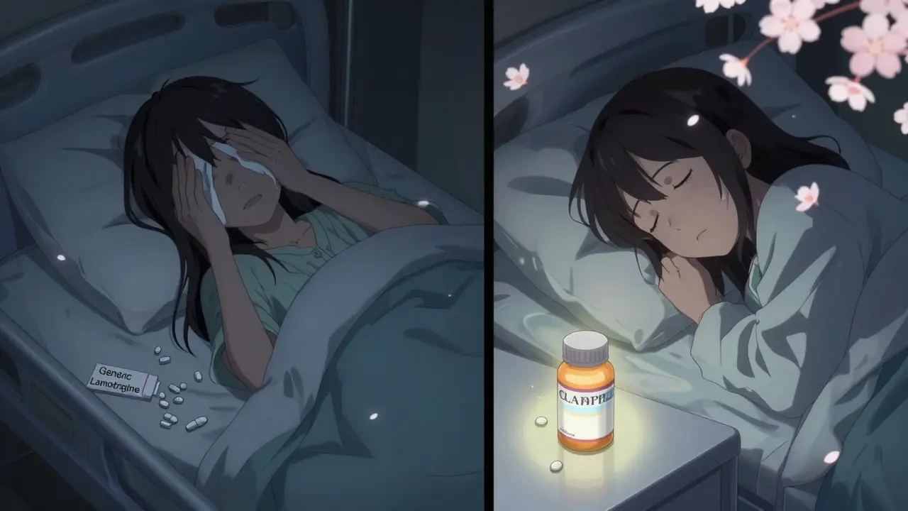 A patient having a seizure next to a generic pill bottle, contrasted with peaceful sleep beside the brand-name version.