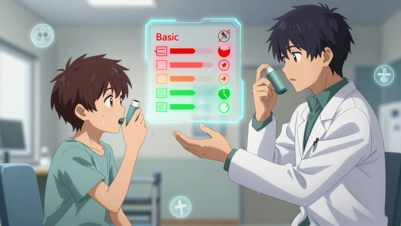 A patient uses an inhaler correctly as a glowing rubric displays their progress from basic to mastery level.