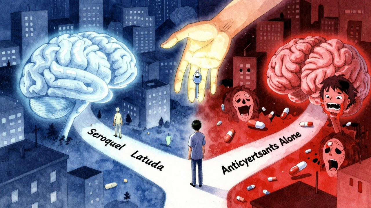 A person at a crossroads with brain-shaped buildings, one path calm and blue, the other jagged and red with falling pills.