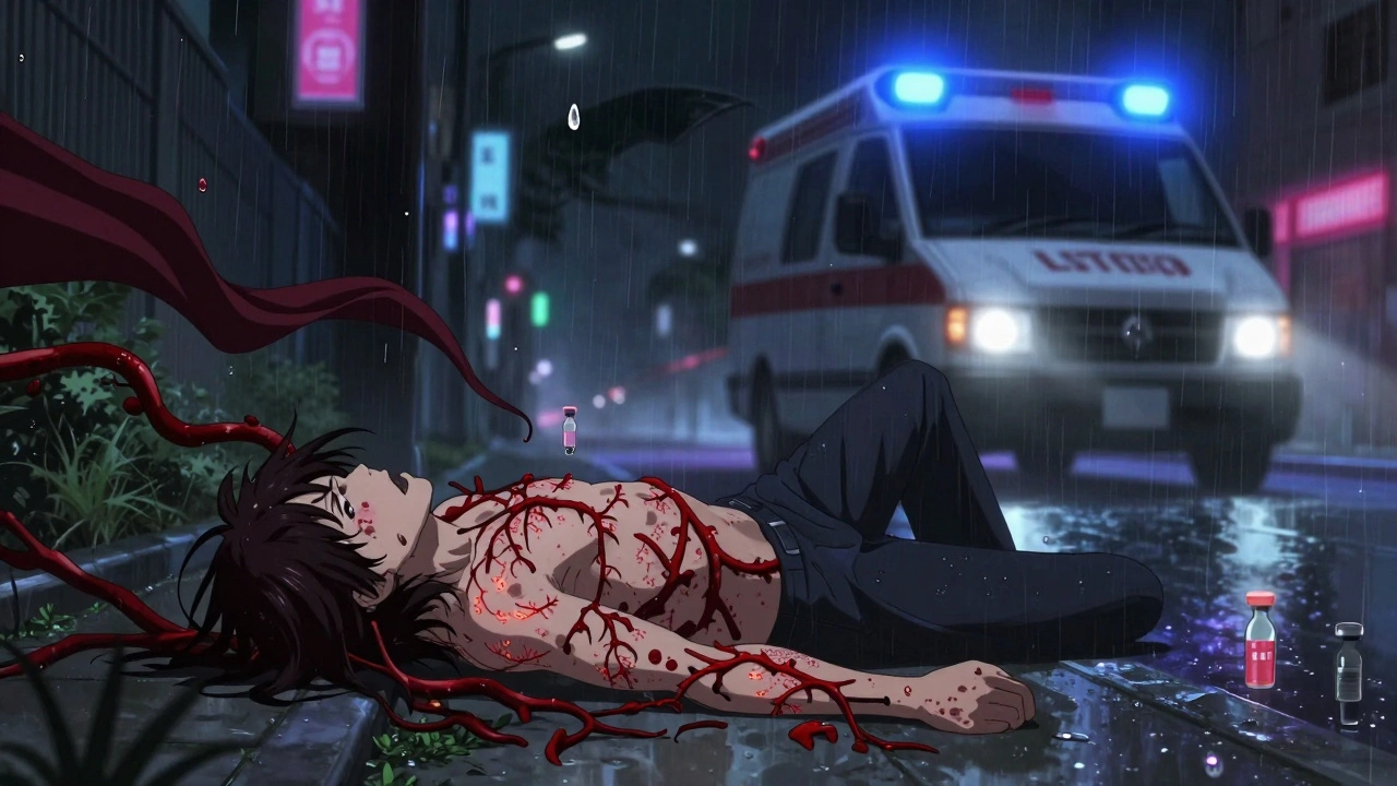 A person collapsing with spreading hives under neon city lights, an ambulance rushing toward them in dramatic rain.